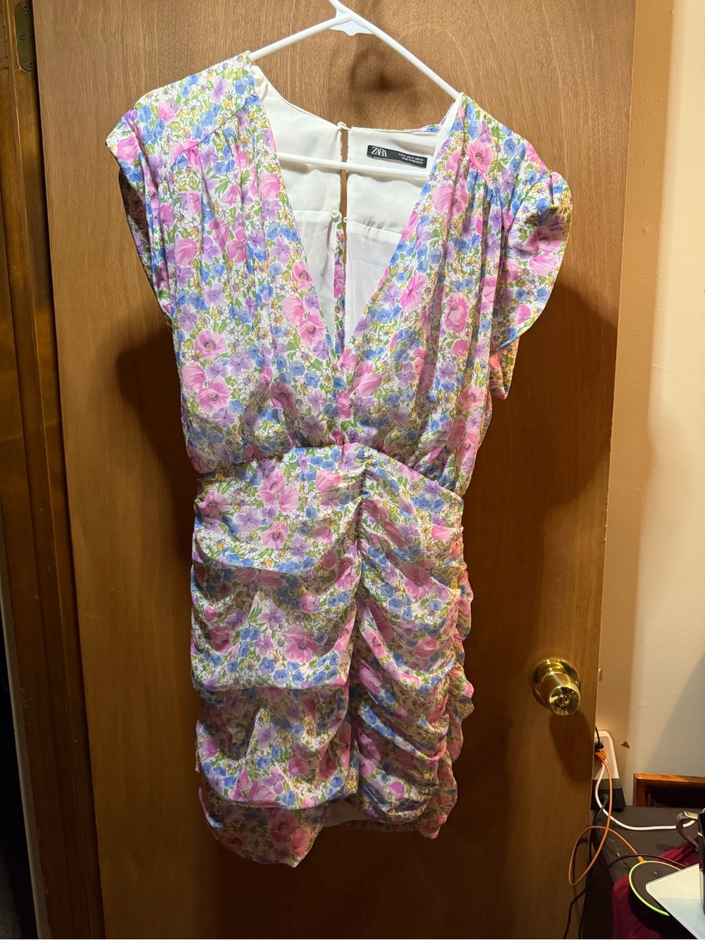 ZARA Pink and Blue Floral V-Neck Ruched Mini Dress medium